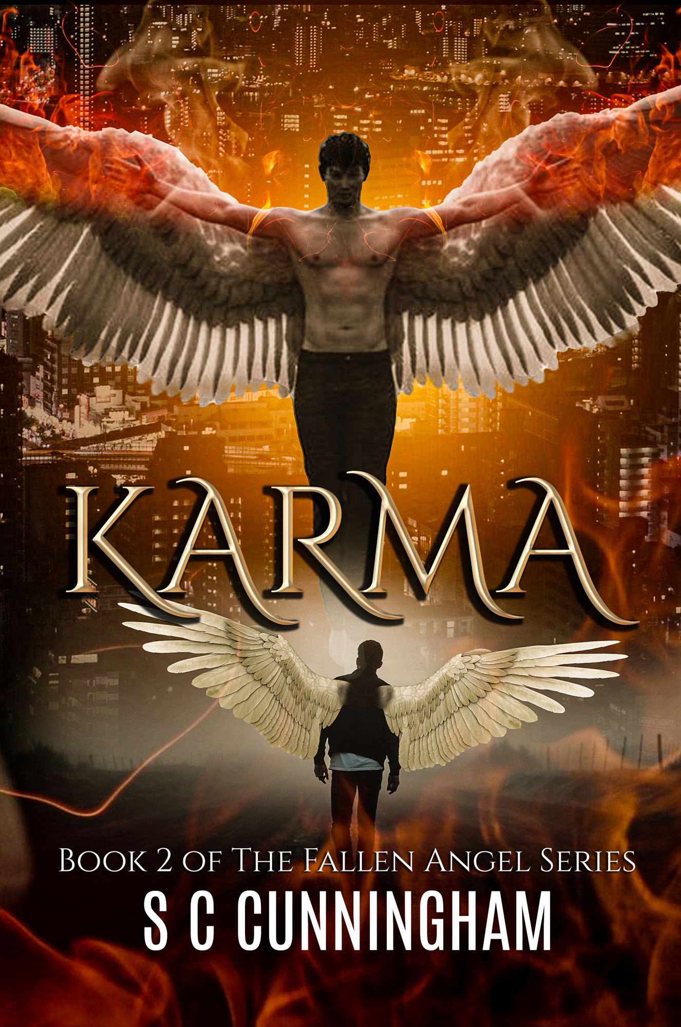 Book cover of Karma by crime writer S C Cunningham, contemporary crime urban rom fantasy, part of the standalone Fallen Angel Series by author SCCunningham, 